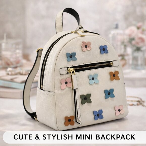 Fossil Handbags - Fossil Megan White Pebbled Leather Backpack with Multicolor Floral Accents